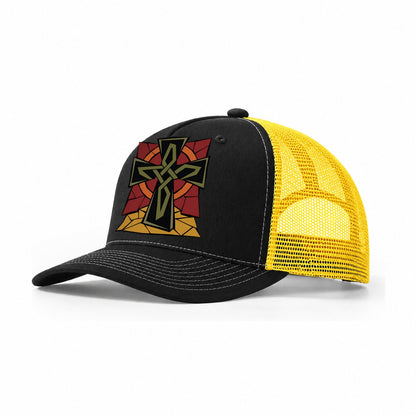 Celtic Cross Geometric Trucker Hat – Black Yellow