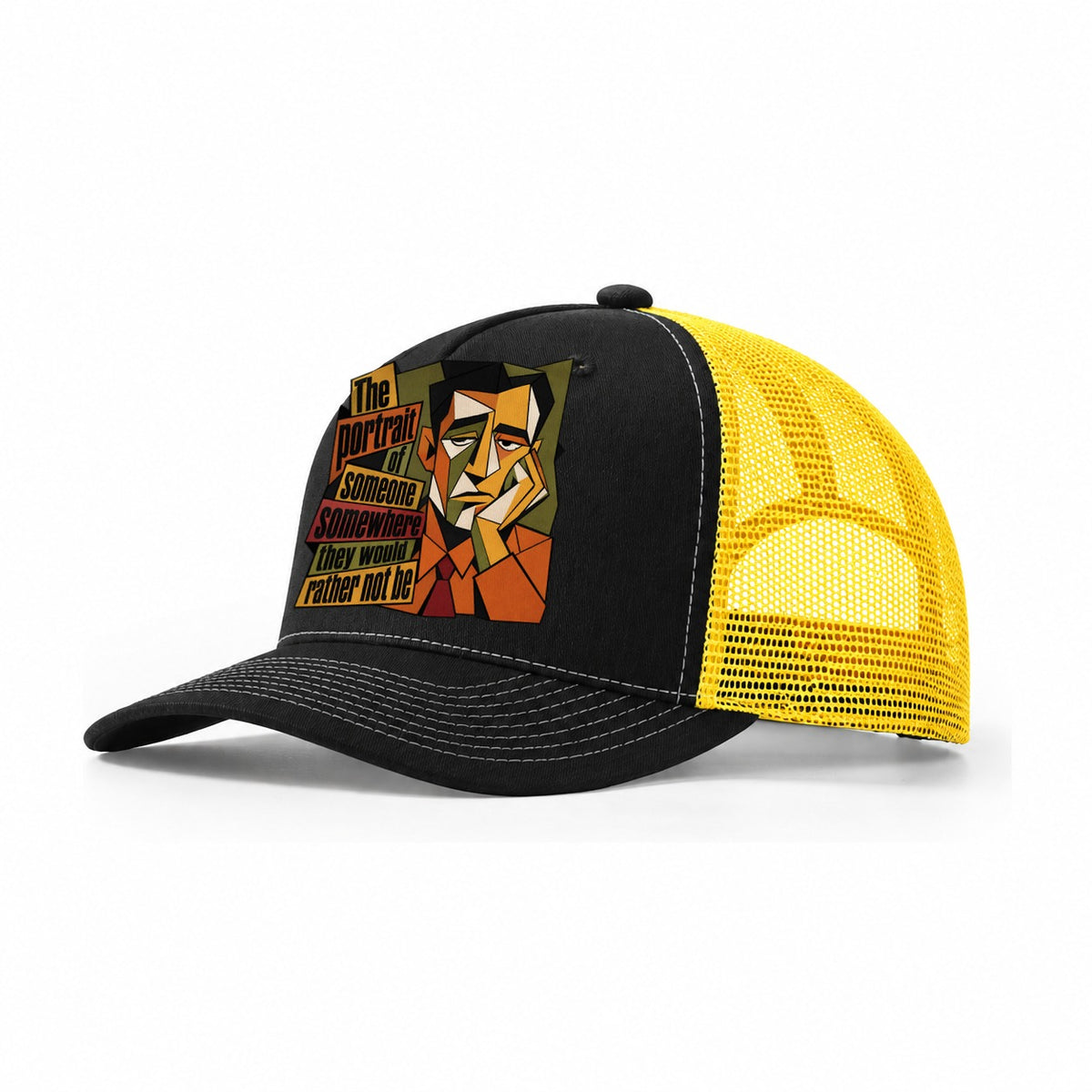 Bored Office Man Portrait Trucker Hat – Black Yellow