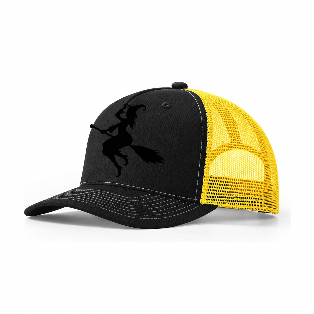Enchanting Witch On Broom Hat Limited Edition Trucker Hat – Black Yellow