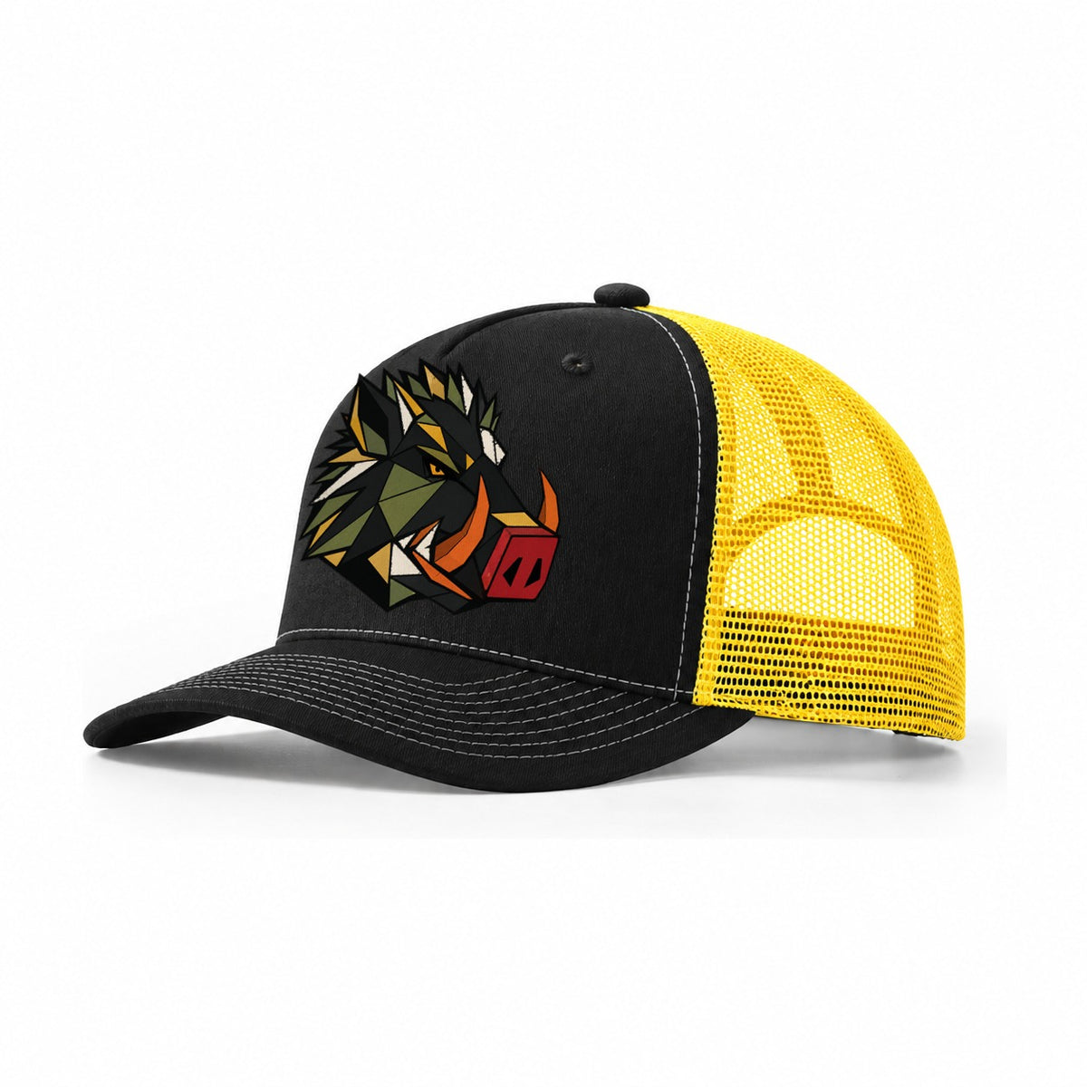 Wild Boar Tusks Profile Trucker Hat – Black Yellow