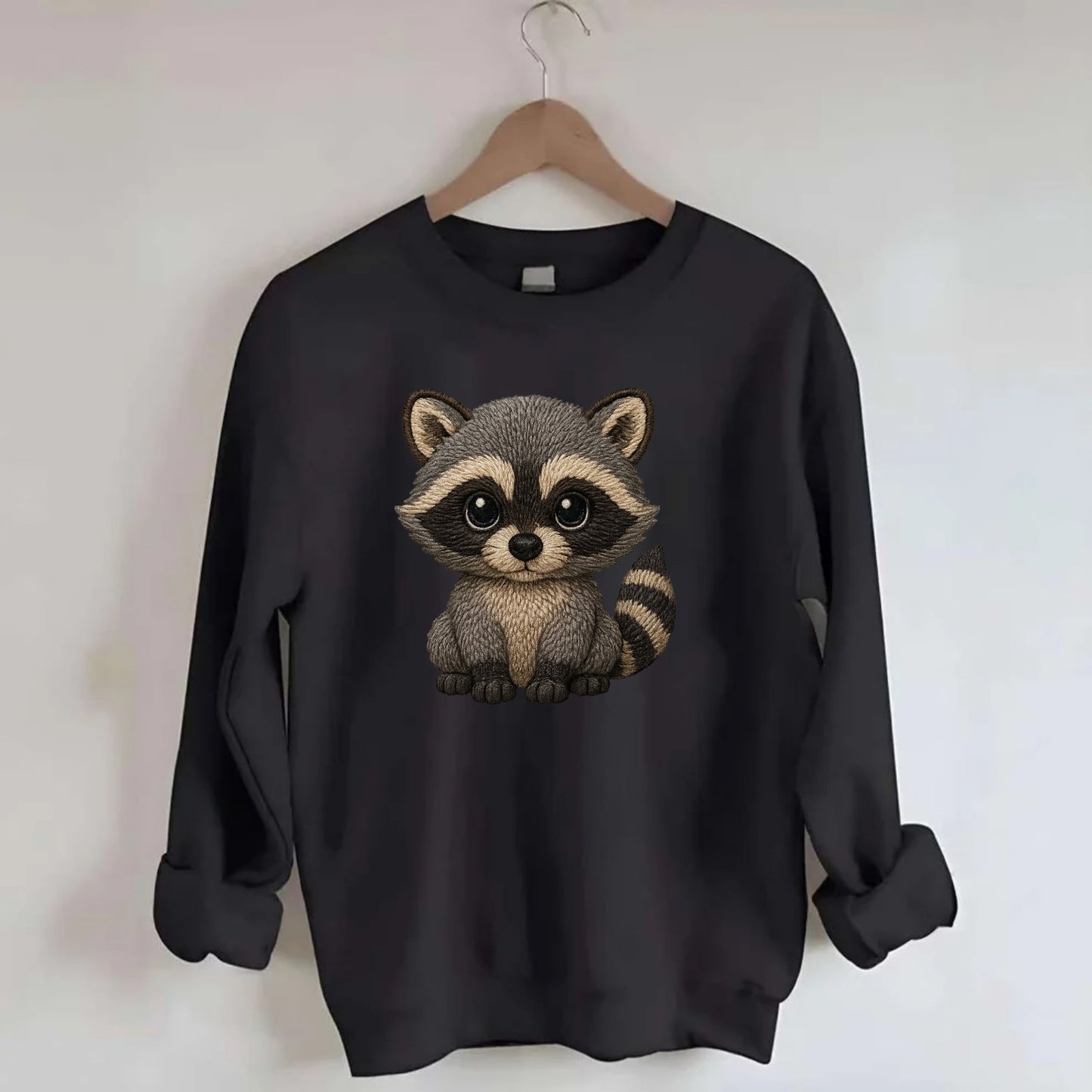 Baby Raccoon - gray fur, black mask, ringed tail, bright curious eyes, - Crewneck Sweatshirt - black
