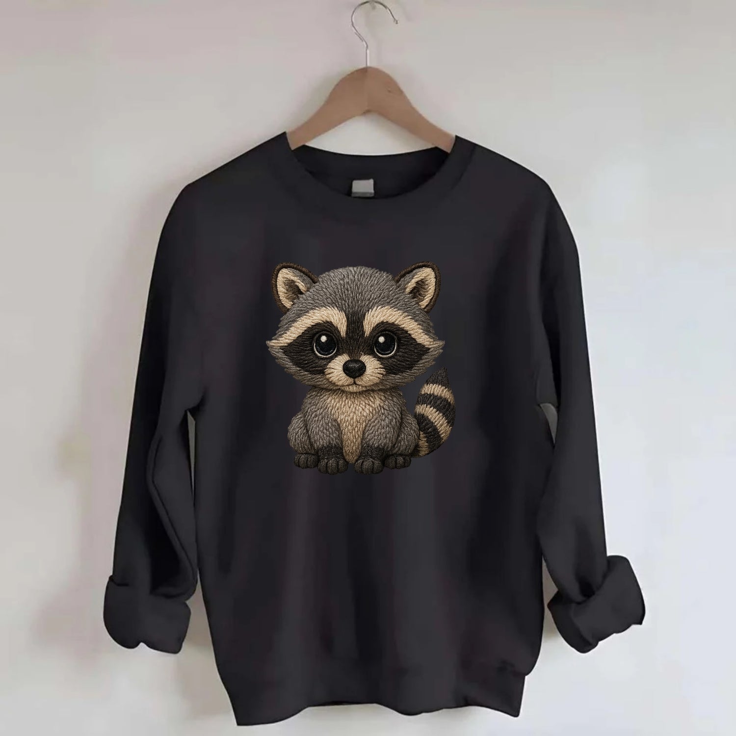 Baby Raccoon - gray fur, black mask, ringed tail, bright curious eyes, - Crewneck Sweatshirt - black