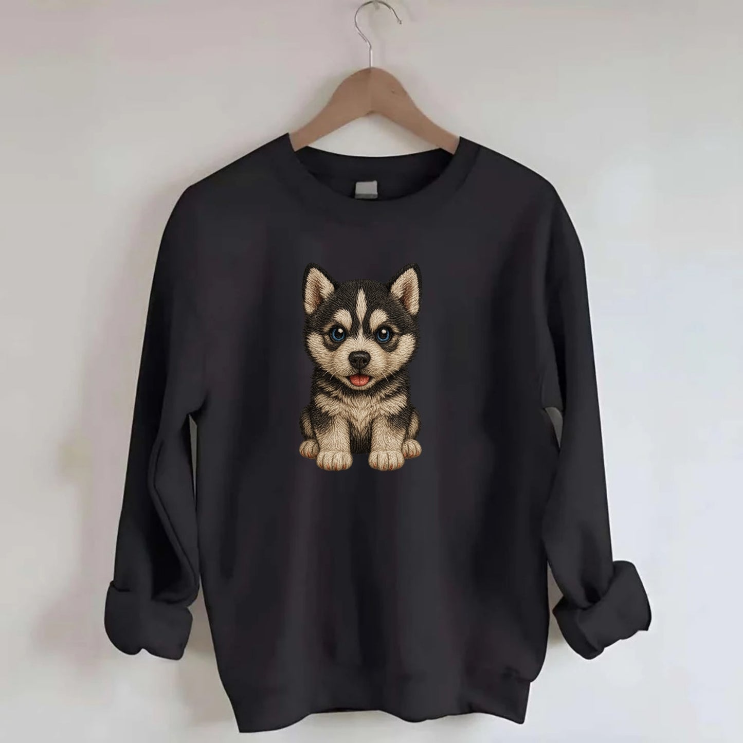 Baby Siberian Husky Puppy - blue or bi-colored eyes, fluffy coat, wolf-like, - Crewneck Sweatshirt - black