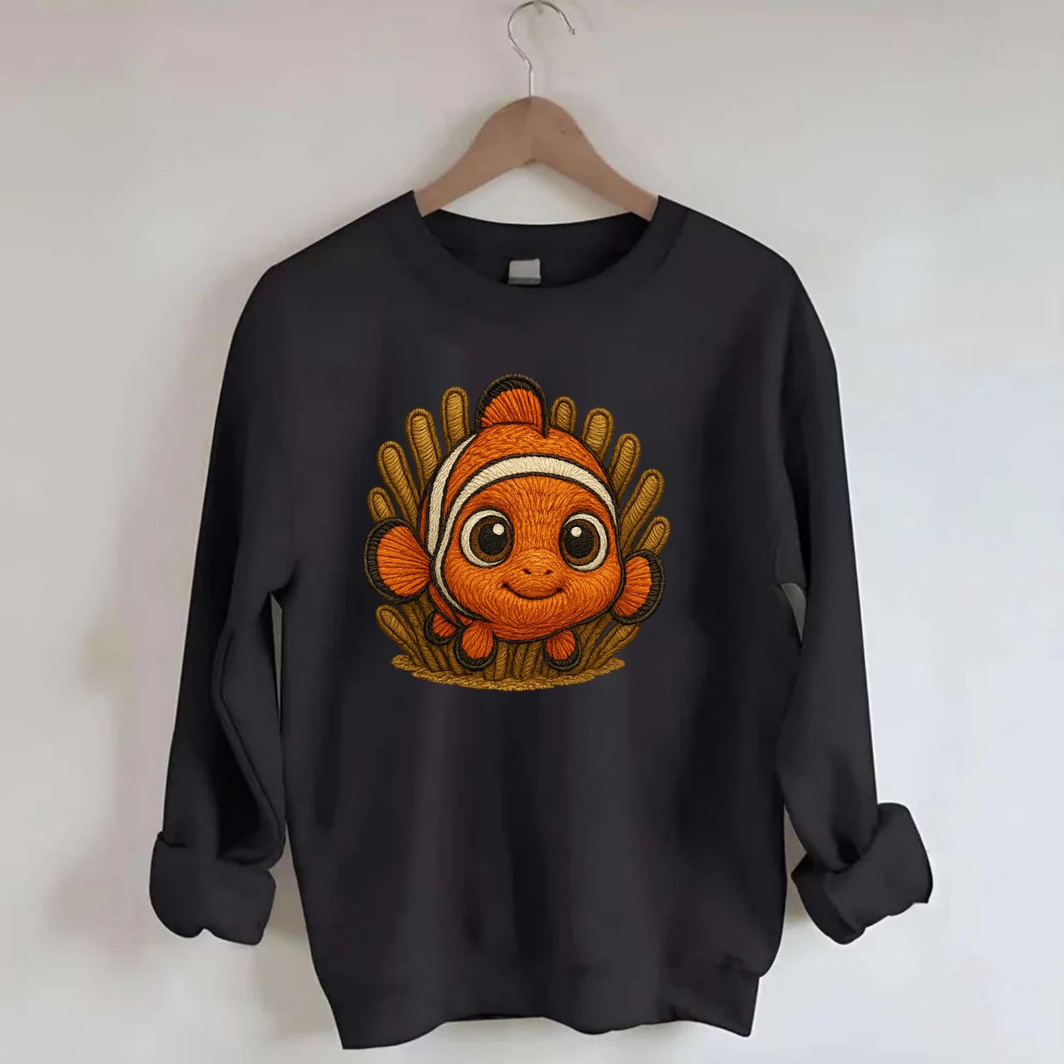 Baby Clownfish - orange with white stripes, big round eyes, front-facing in - Crewneck Sweatshirt - black
