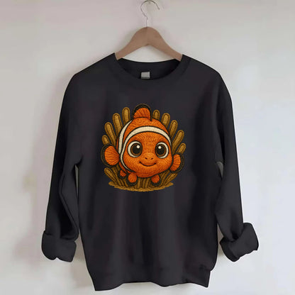Baby Clownfish - orange with white stripes, big round eyes, front-facing in - Crewneck Sweatshirt - black