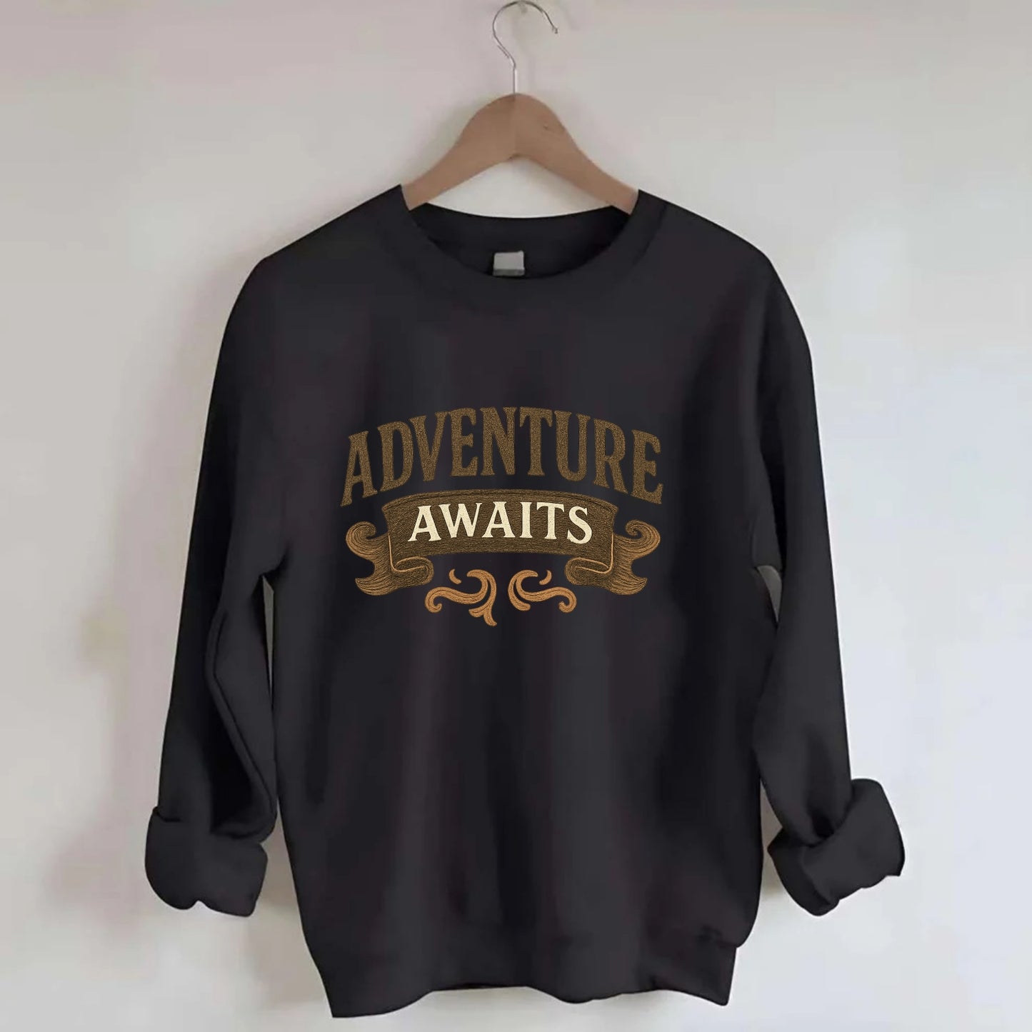 Bold typography design - "ADVENTURE AWAITS" - excitement ahead, ready for - Crewneck Sweatshirt - black