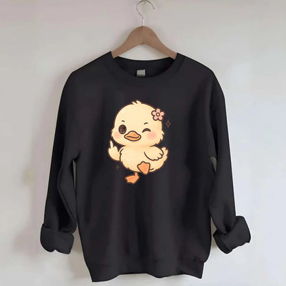 fluffy baby duck with small flower, one webbed foot raised sassily - Crewneck Sweatshirt - black