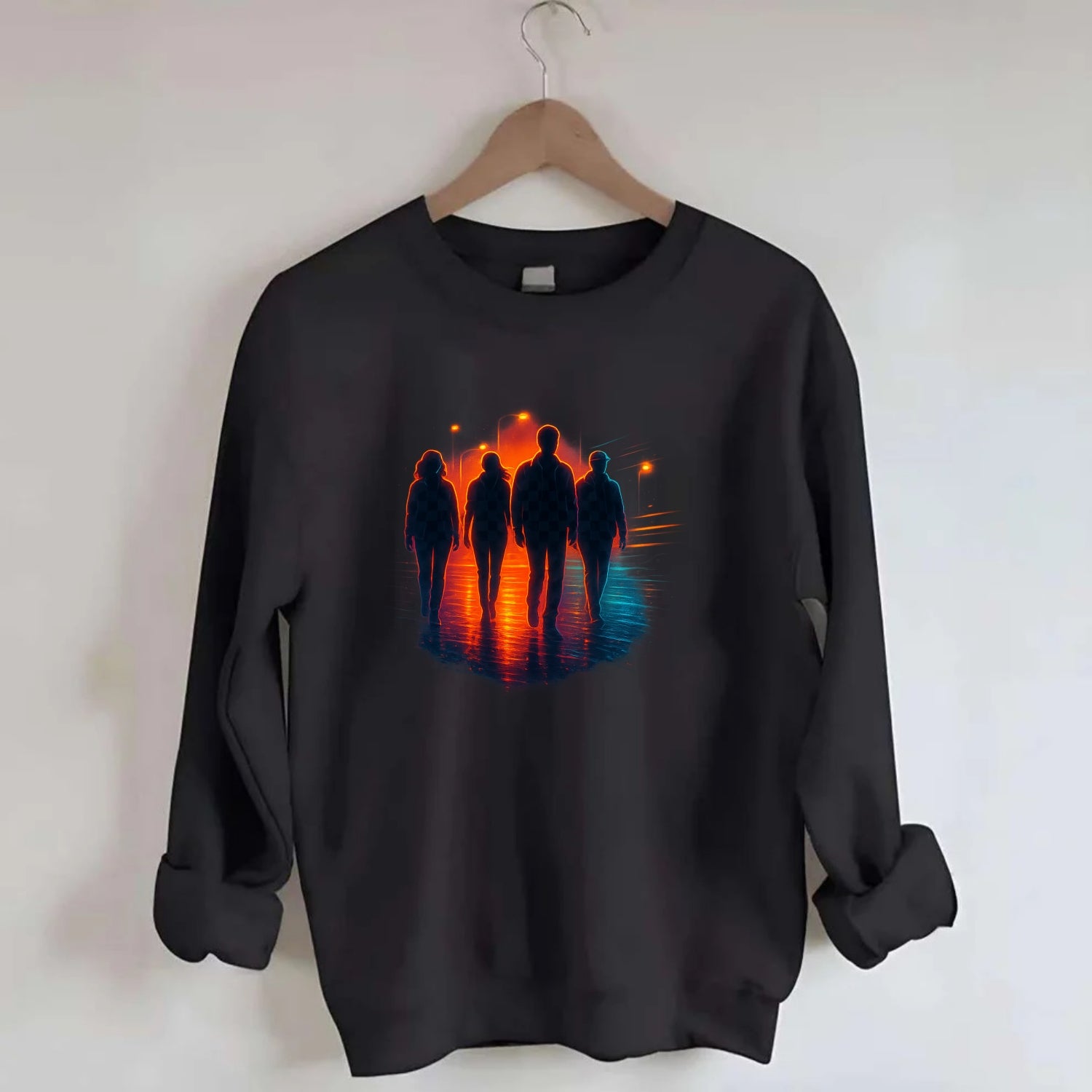 gang of silhouettes walking together at sunset by the beach - Crewneck Sweatshirt - black