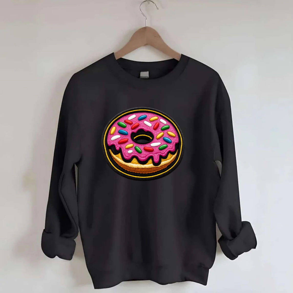 DONUT SPRINKLES - glazed donut with sprinkles in pink and rainbow , sweet - Crewneck Sweatshirt - black
