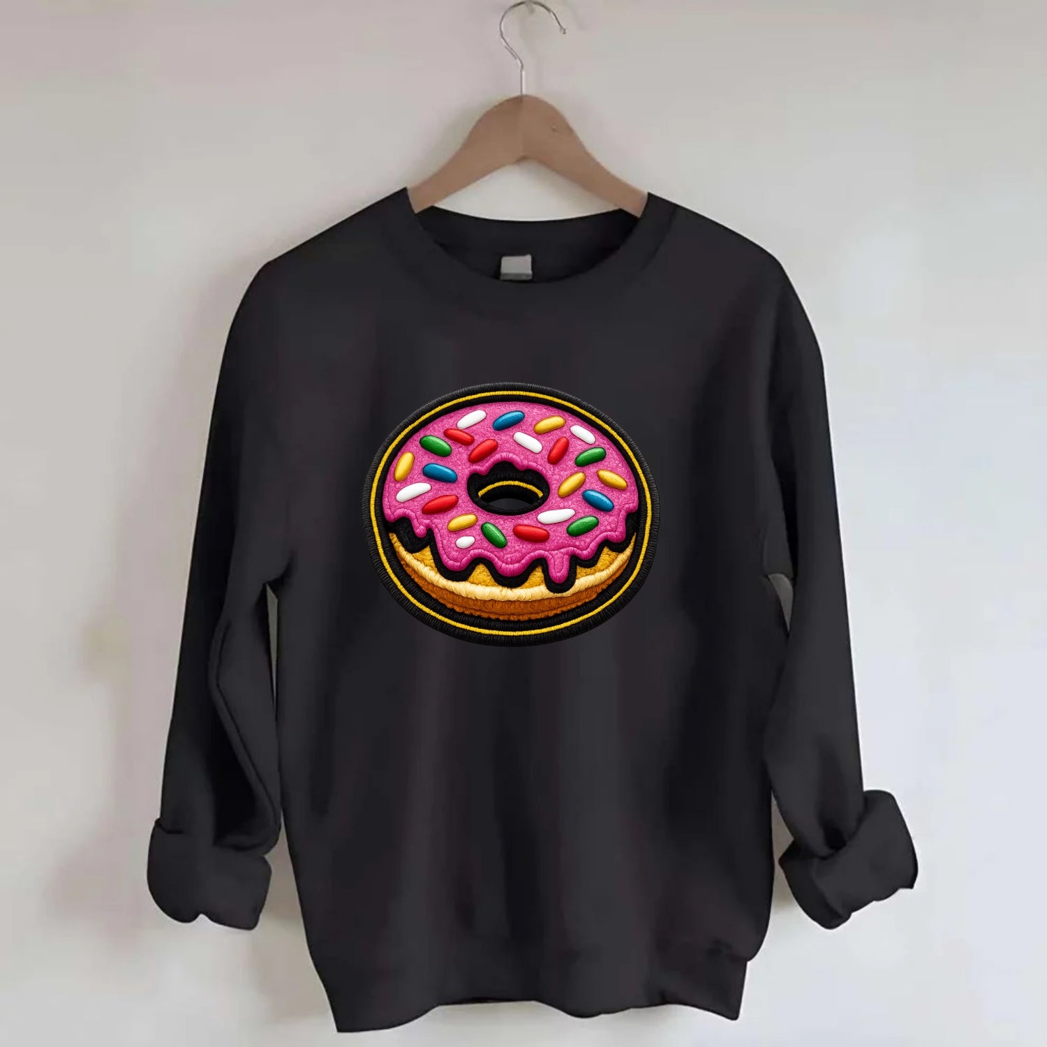 DONUT SPRINKLES - glazed donut with sprinkles in pink and rainbow , sweet - Crewneck Sweatshirt - black