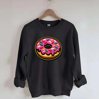 DONUT SPRINKLES - glazed donut with sprinkles in pink and rainbow , sweet - Crewneck Sweatshirt - black