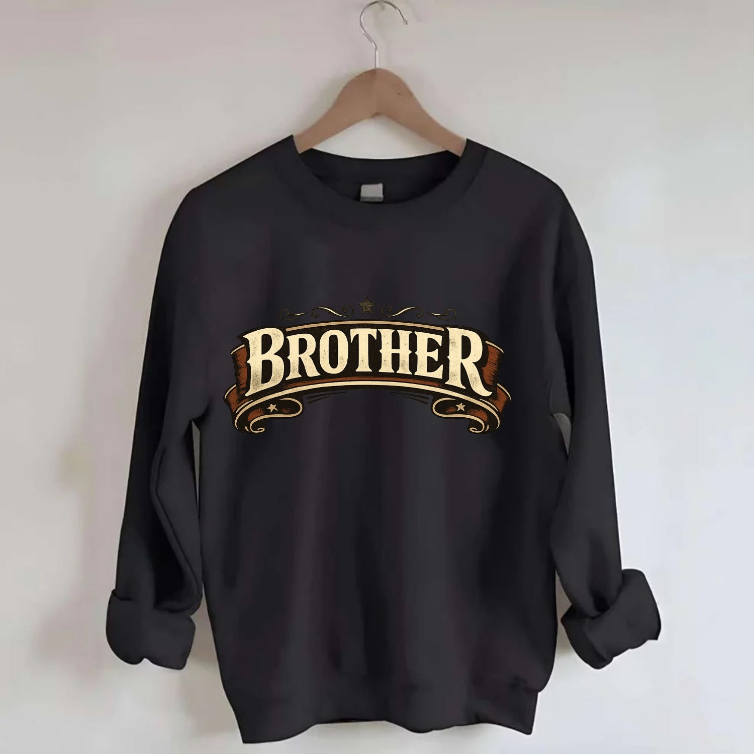 Bold typography design - "BROTHER" - male bond, brotherhood - Crewneck Sweatshirt - black