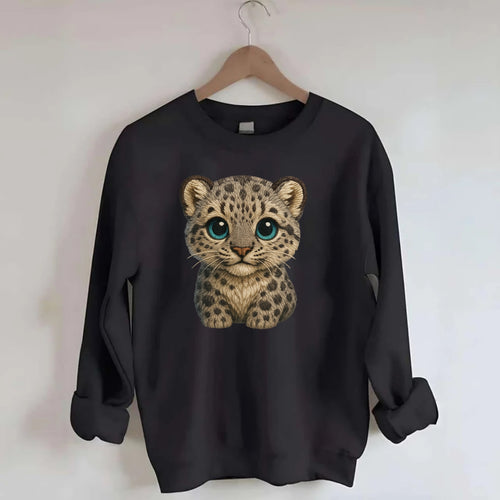 Baby Snow Leopard Cub - gray spotted, thick fur, blue-green eyes, - Crewneck Sweatshirt