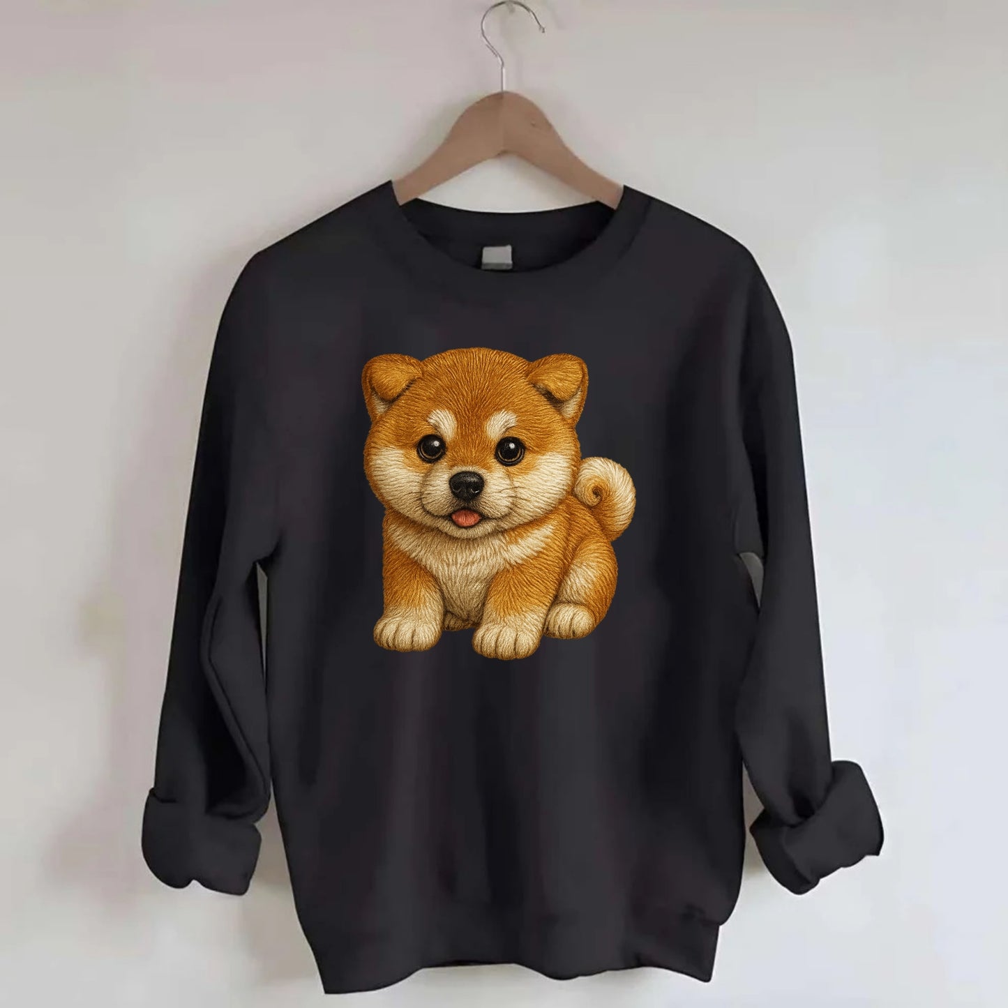 Baby Akita Puppy - fluffy bear-like, curled tail, dignified eyes, - Crewneck Sweatshirt - black