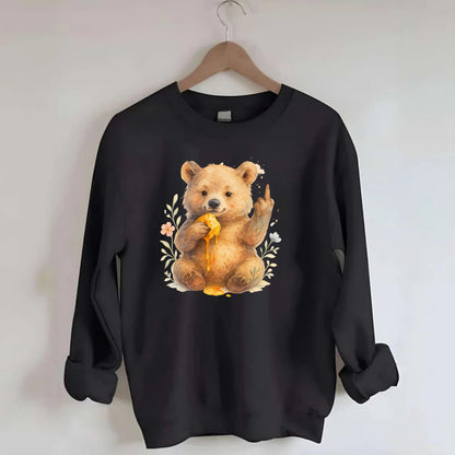 chubby bear cub eating dripping honey, sticky paw up with middle finger - Crewneck Sweatshirt - black