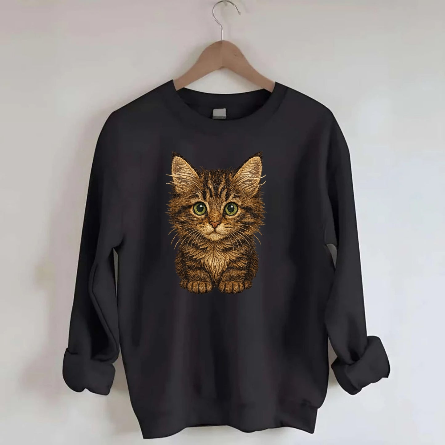 Baby Maine Coon Kitten - large fluffy tabby, tufted ears, big green eyes, - Crewneck Sweatshirt - black