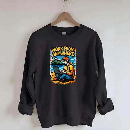Digital nomad with laptop on beach/mountain - work from anywhere lifestyle, - Crewneck Sweatshirt - black