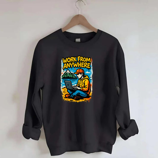 Digital nomad with laptop on beach/mountain - work from anywhere lifestyle, - Crewneck Sweatshirt - black