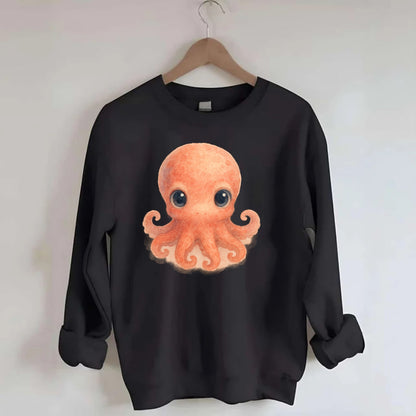 Baby Octopus - red-orange, eight tiny tentacles curled, large intelligent - Crewneck Sweatshirt - black
