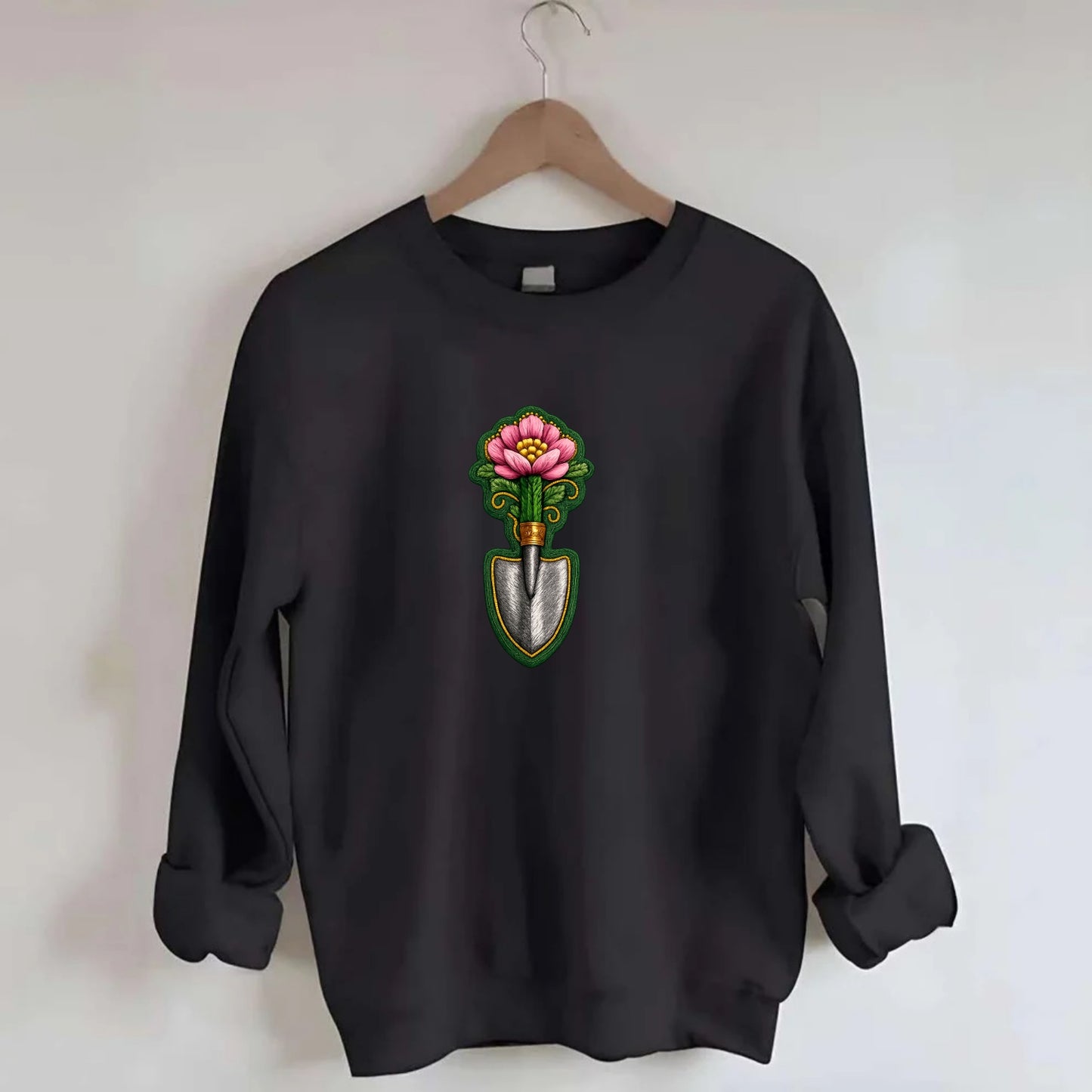 Embroidered patch design - GARDENING TROWEL FLOWER - garden tool with - Crewneck Sweatshirt - black