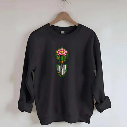 Embroidered patch design - GARDENING TROWEL FLOWER - garden tool with - Crewneck Sweatshirt - black