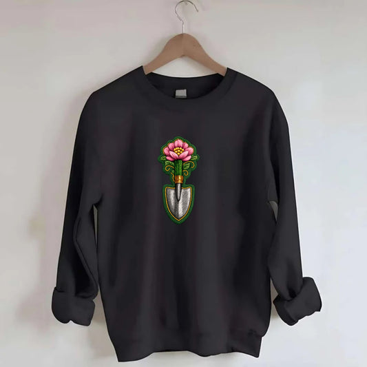 Embroidered patch design - GARDENING TROWEL FLOWER - garden tool with - Crewneck Sweatshirt - black