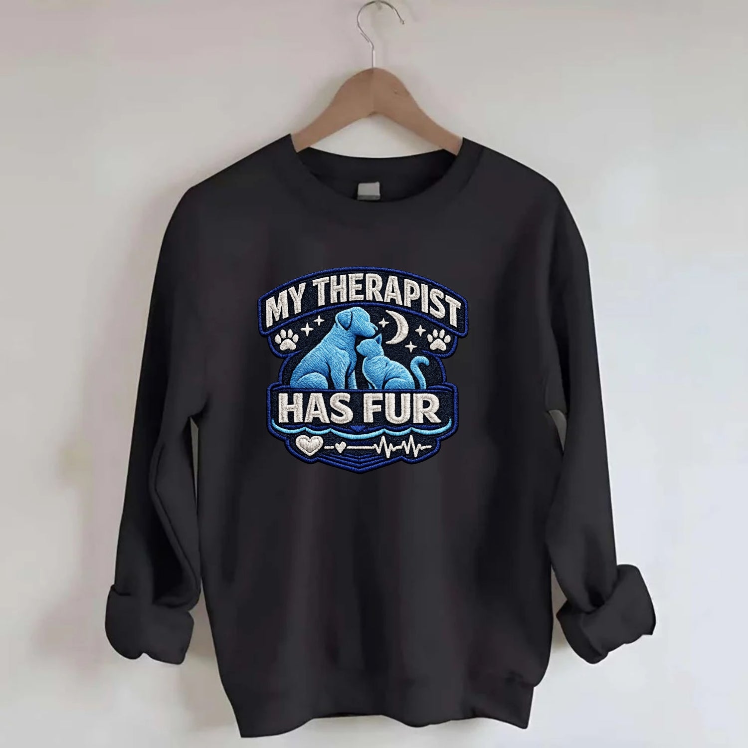 MY THERAPIST HAS FUR - pet silhouette in calming blue , emotional support - Crewneck Sweatshirt - black
