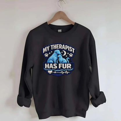 MY THERAPIST HAS FUR - pet silhouette in calming blue , emotional support - Crewneck Sweatshirt - black