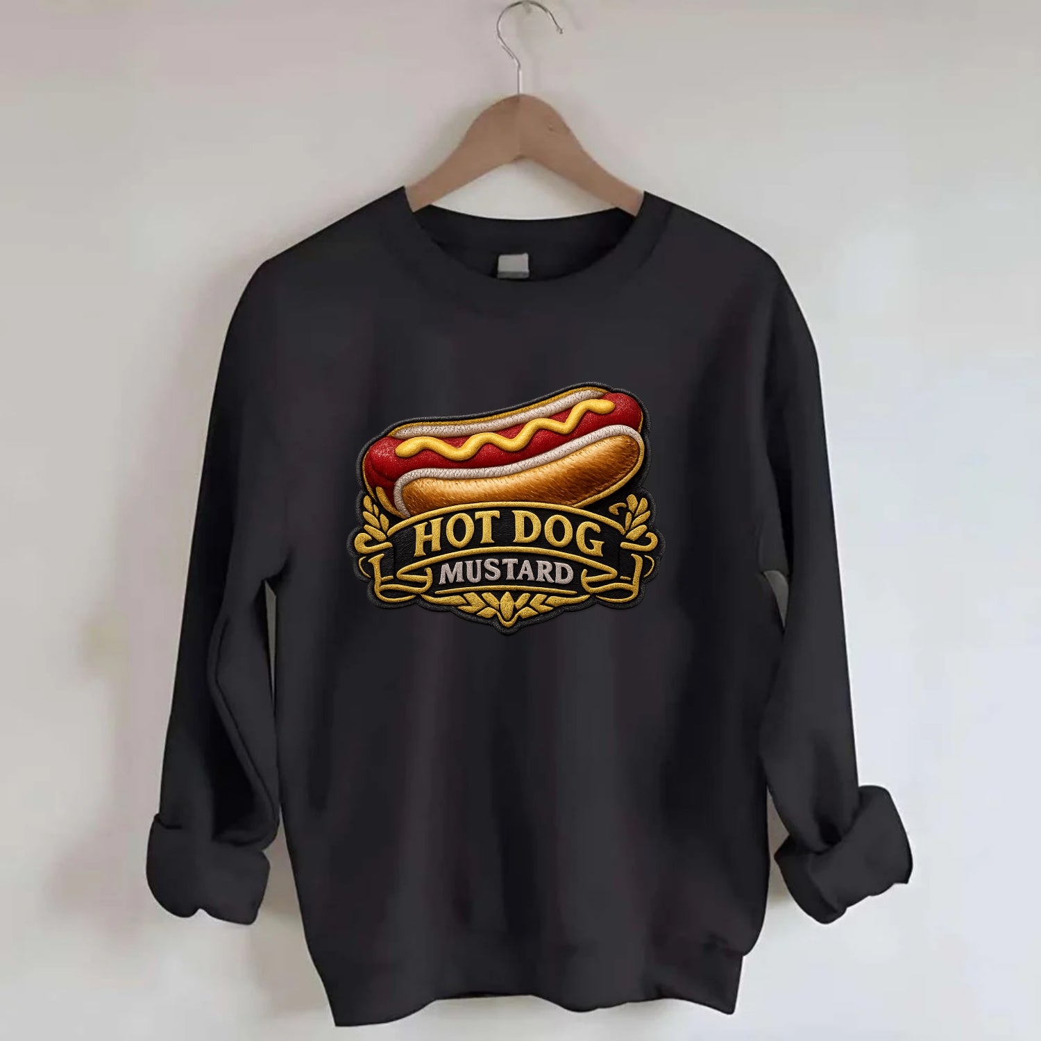 HOT DOG MUSTARD - classic hot dog in tan yellow red , ballpark food - Crewneck Sweatshirt - black