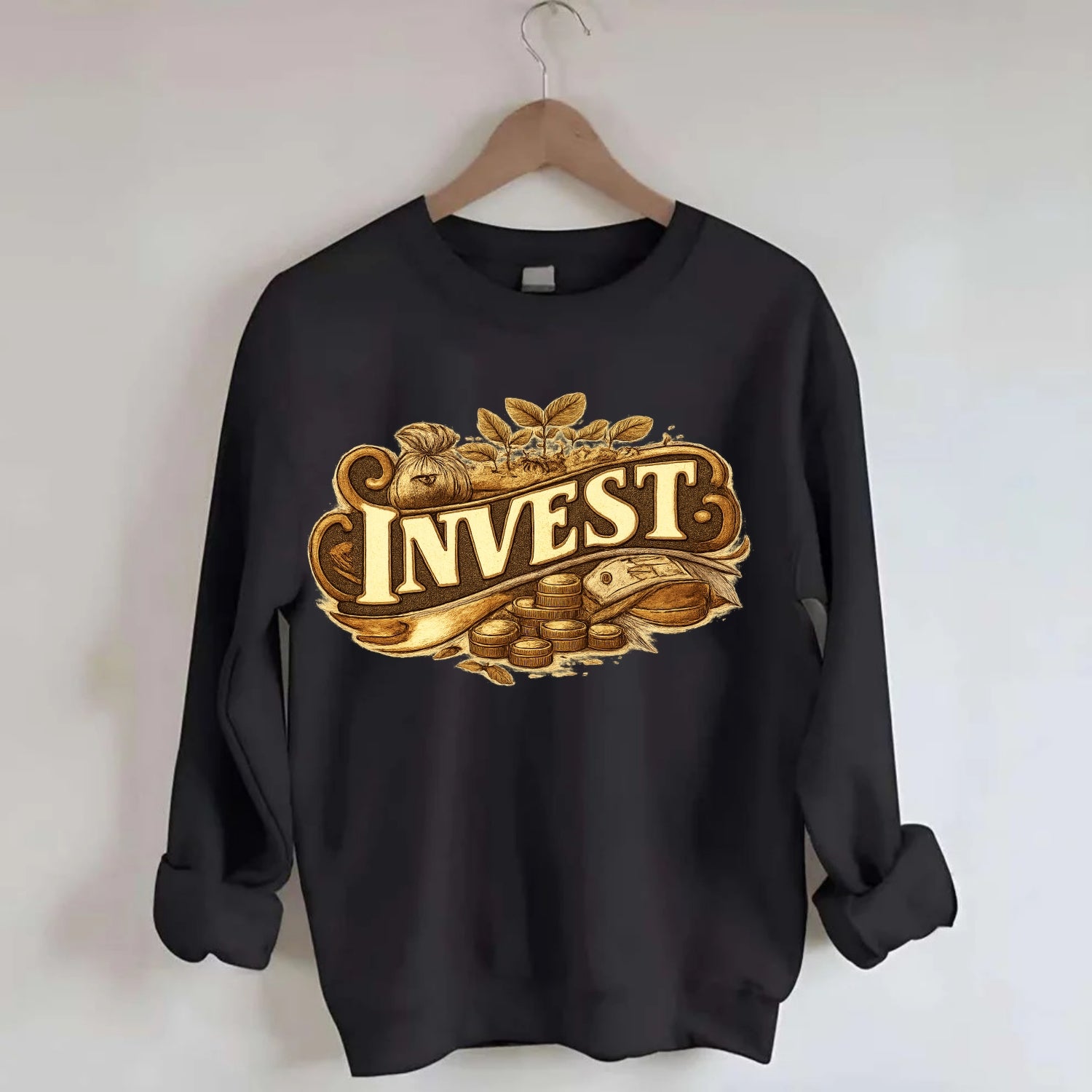 Bold typography design - "INVEST" - growing money, smart decisions - Crewneck Sweatshirt - black