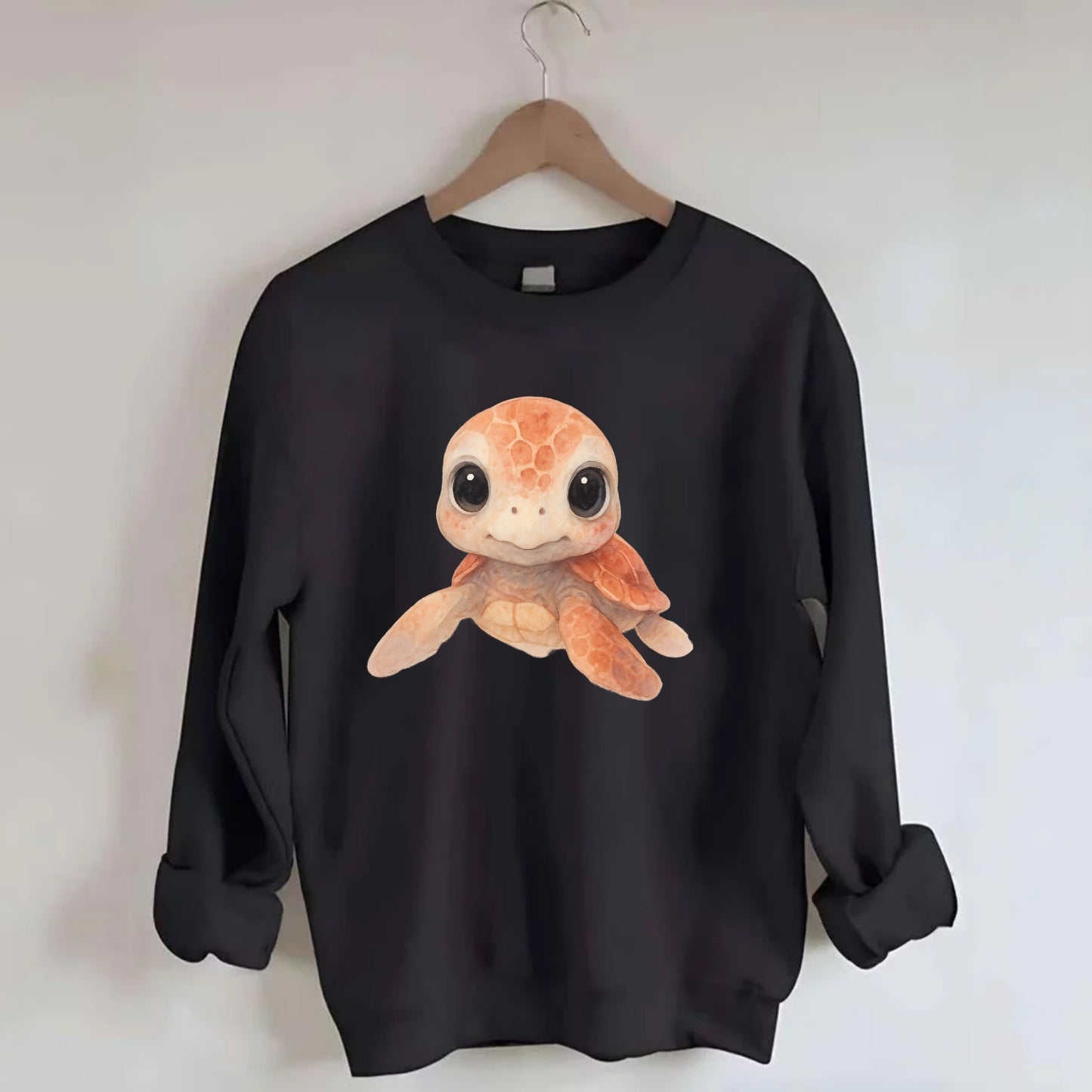 Baby Loggerhead Turtle - reddish-brown shell, big round dark eyes, chunky - Crewneck Sweatshirt - black