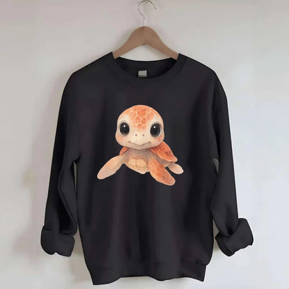 Baby Loggerhead Turtle - reddish-brown shell, big round dark eyes, chunky - Crewneck Sweatshirt - black