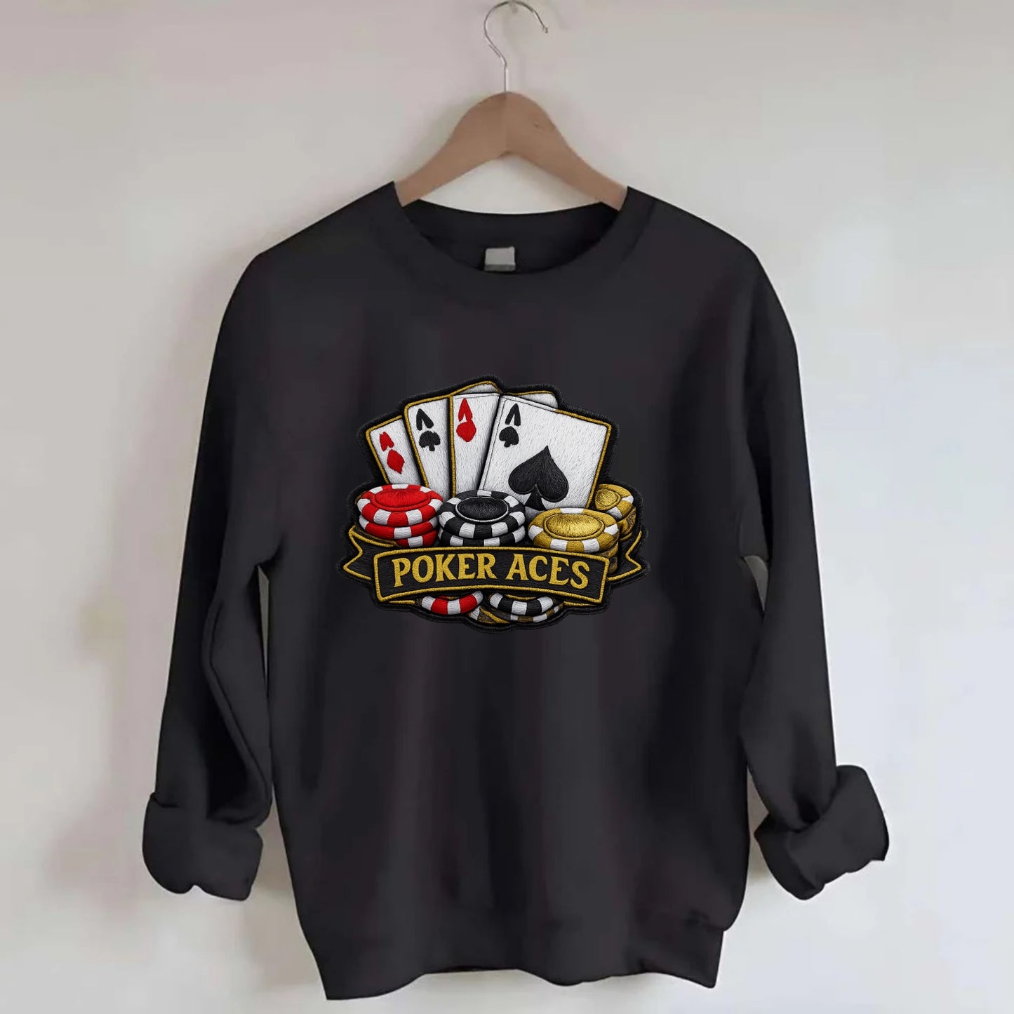 Embroidered patch design - POKER ACES - four aces with chips in red, black - Crewneck Sweatshirt - black