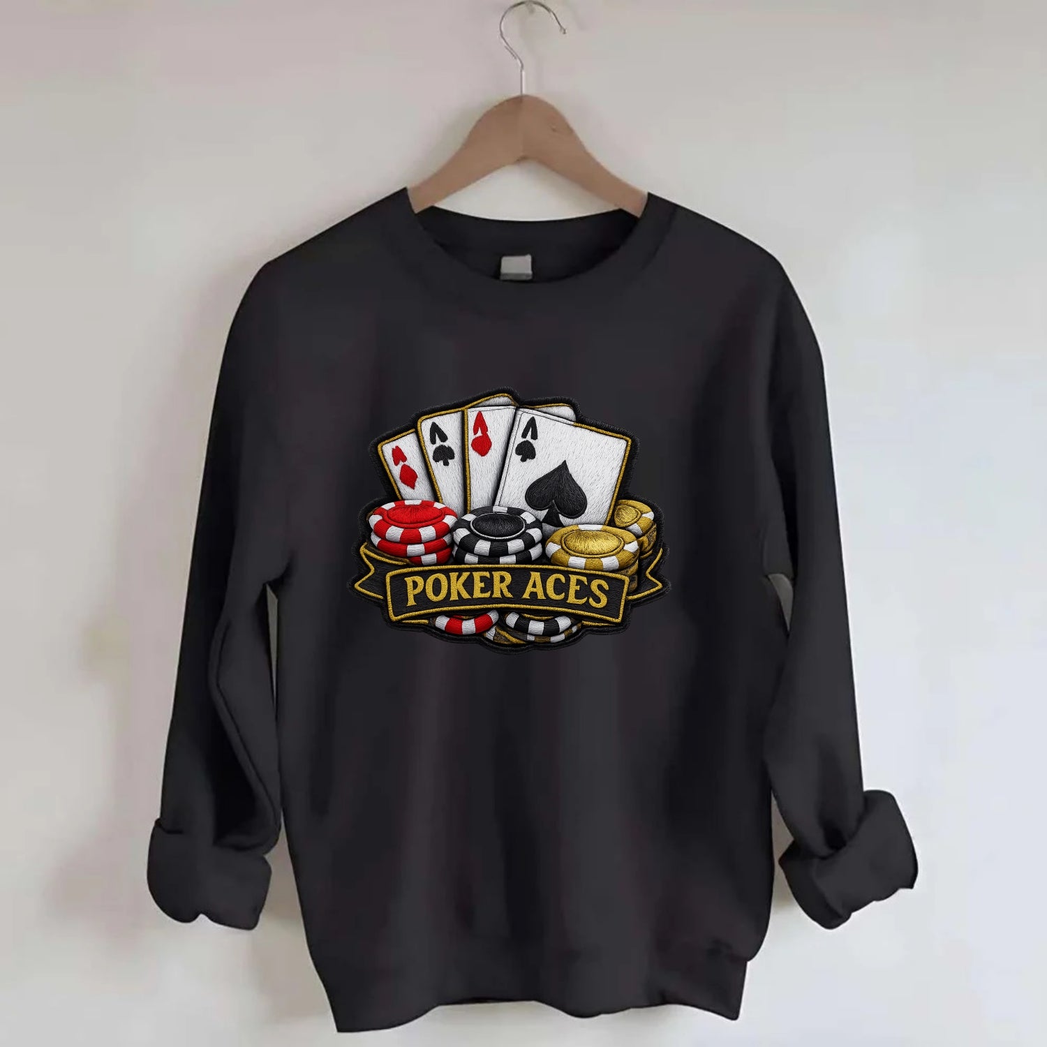Embroidered patch design - POKER ACES - four aces with chips in red, black - Crewneck Sweatshirt - black