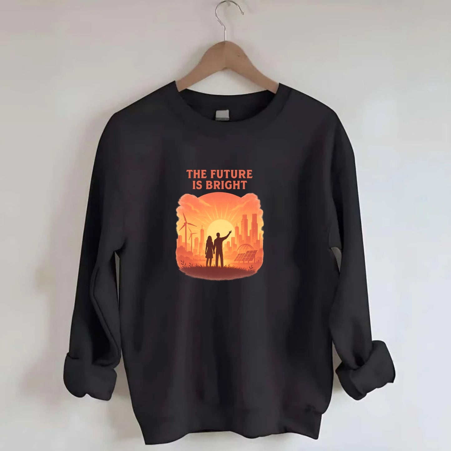 Sunrise over thriving sustainable city - "The Future is Bright" - optimistic - Crewneck Sweatshirt - black