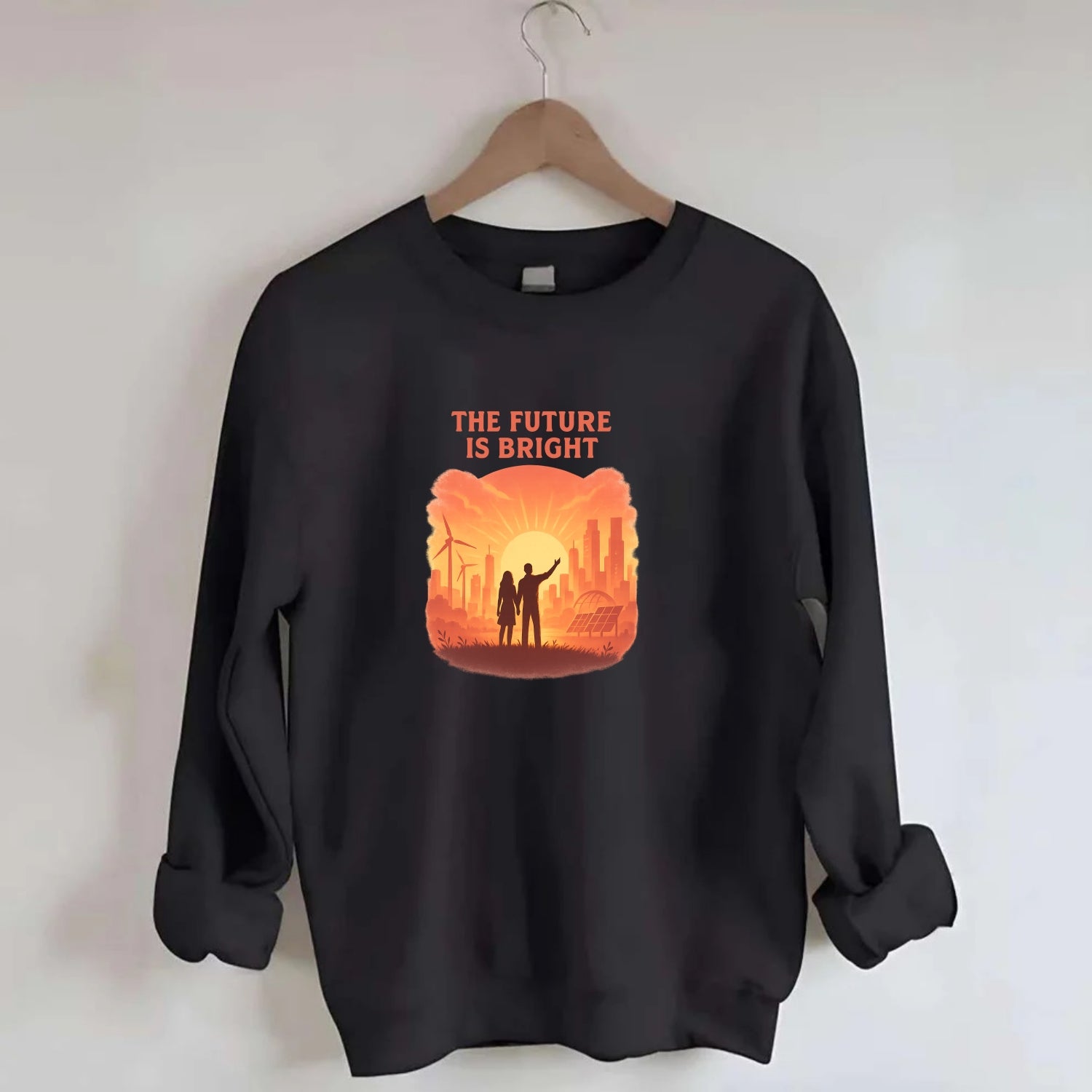 Sunrise over thriving sustainable city - "The Future is Bright" - optimistic - Crewneck Sweatshirt - black