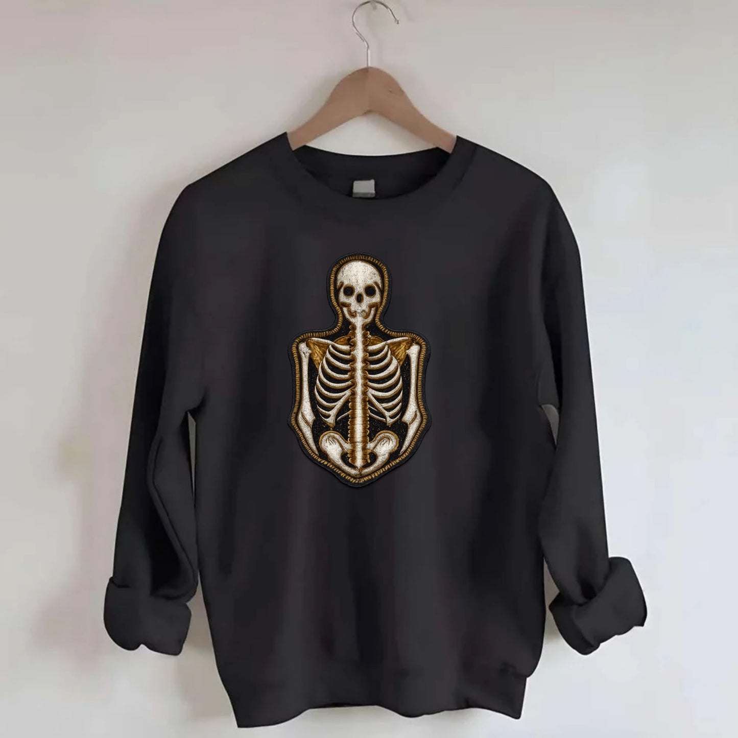 SKELETON BONES - skeletal system in white , anatomy - Crewneck Sweatshirt - black