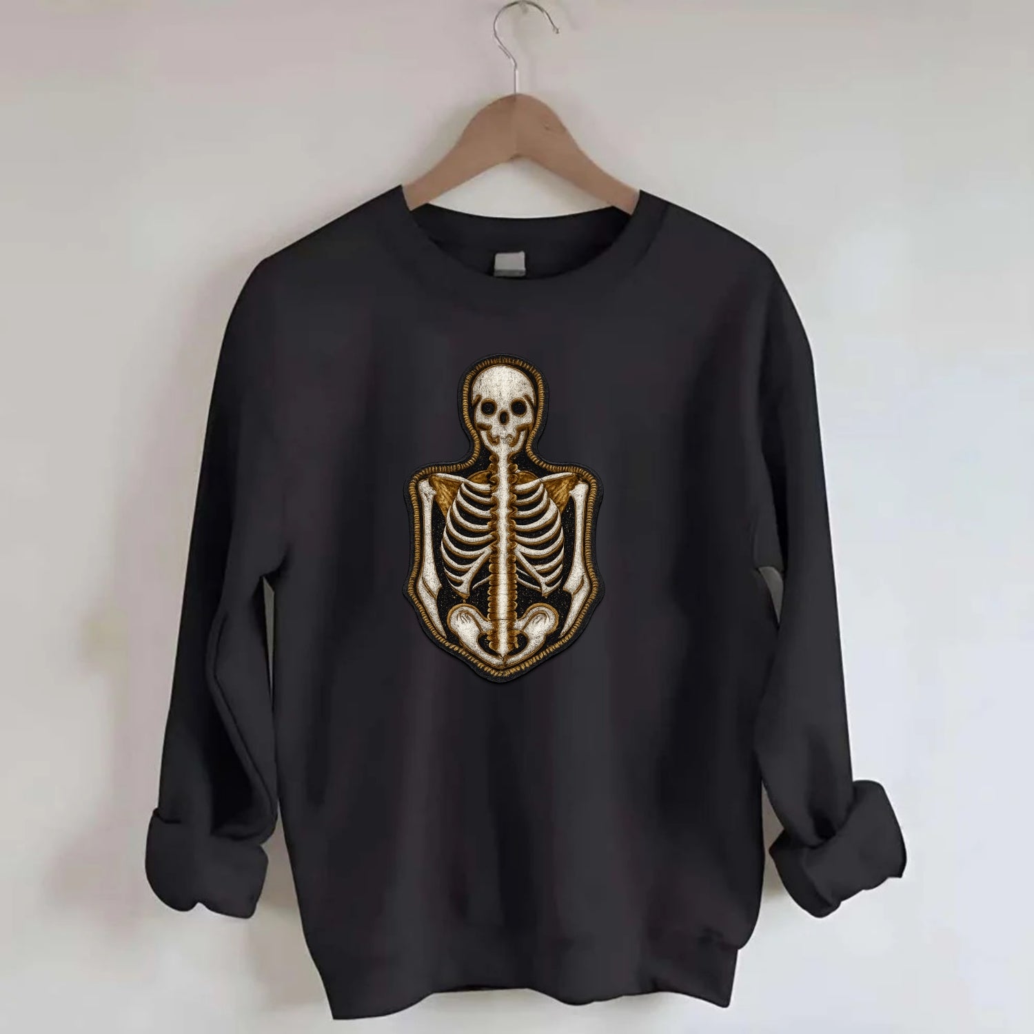 SKELETON BONES - skeletal system in white , anatomy - Crewneck Sweatshirt - black