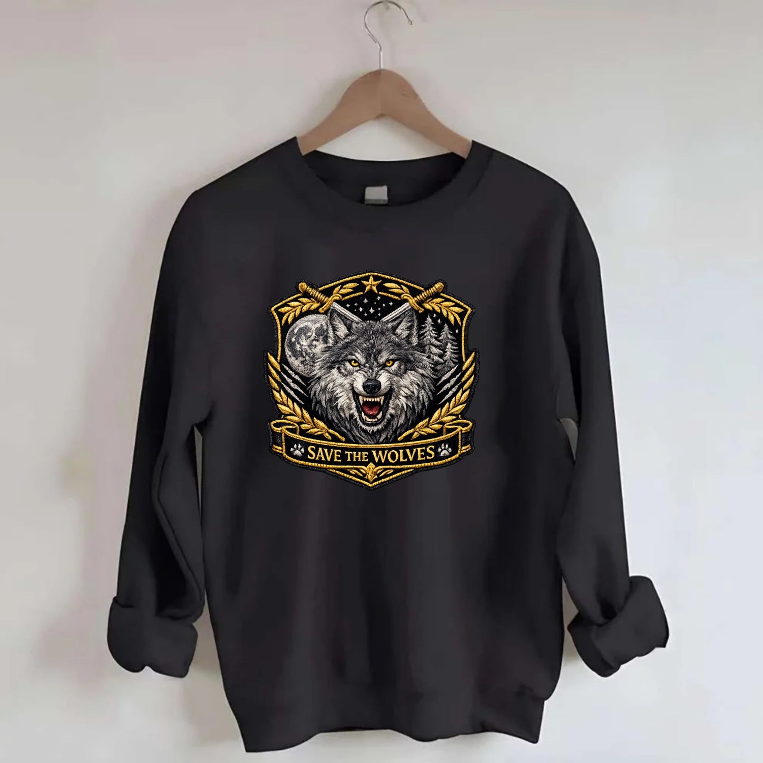 SAVE THE WOLVES - wolf moon in gray , predator protection - Crewneck Sweatshirt - black