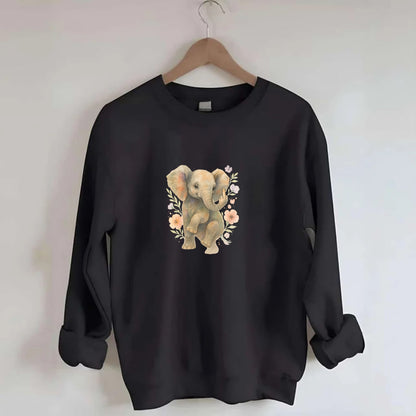 baby elephant with trunk up, one foot raised with middle toe extended - Crewneck Sweatshirt - black