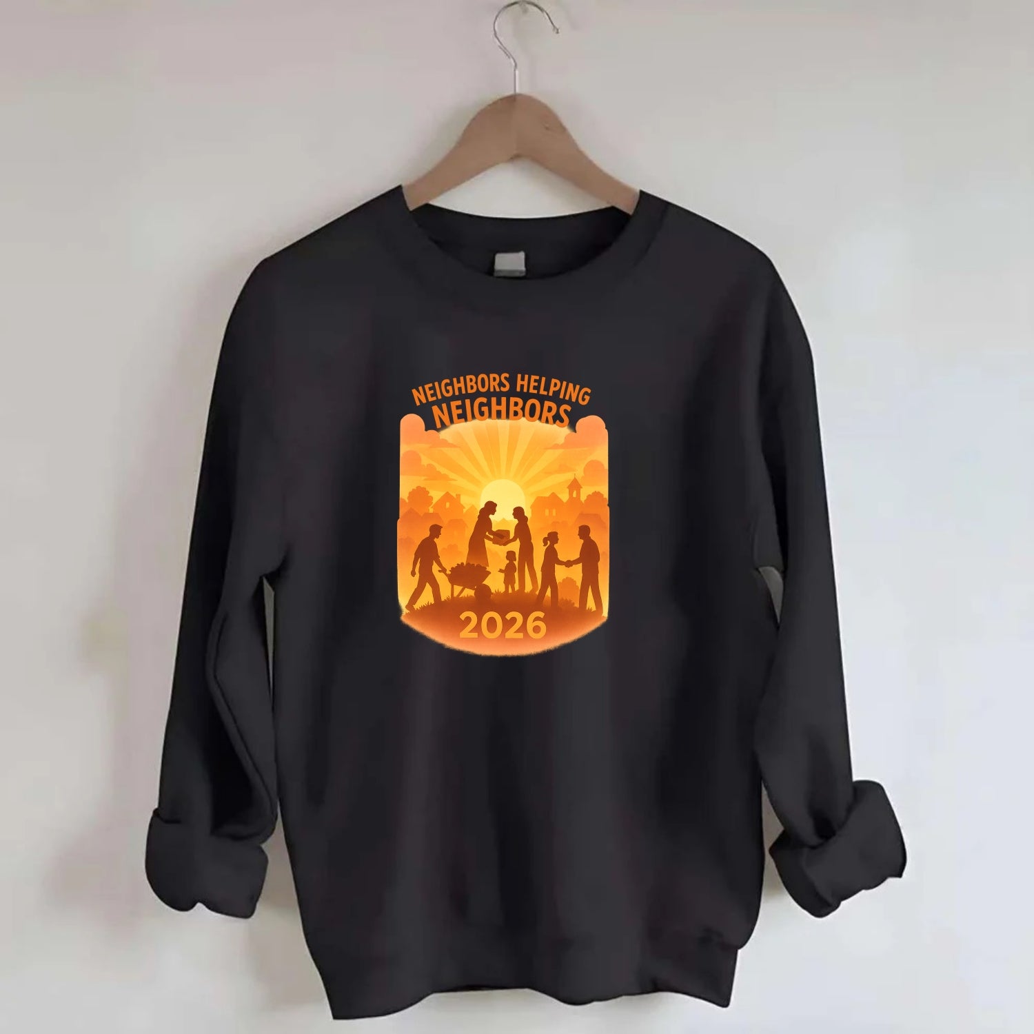 Local communities thriving with shared resources - "Neighbors Helping - Crewneck Sweatshirt - black