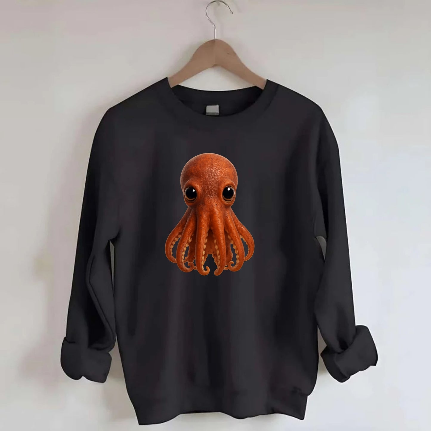 Baby Giant Pacific Octopus - reddish, smaller tentacles, expressive eyes, - Crewneck Sweatshirt - black