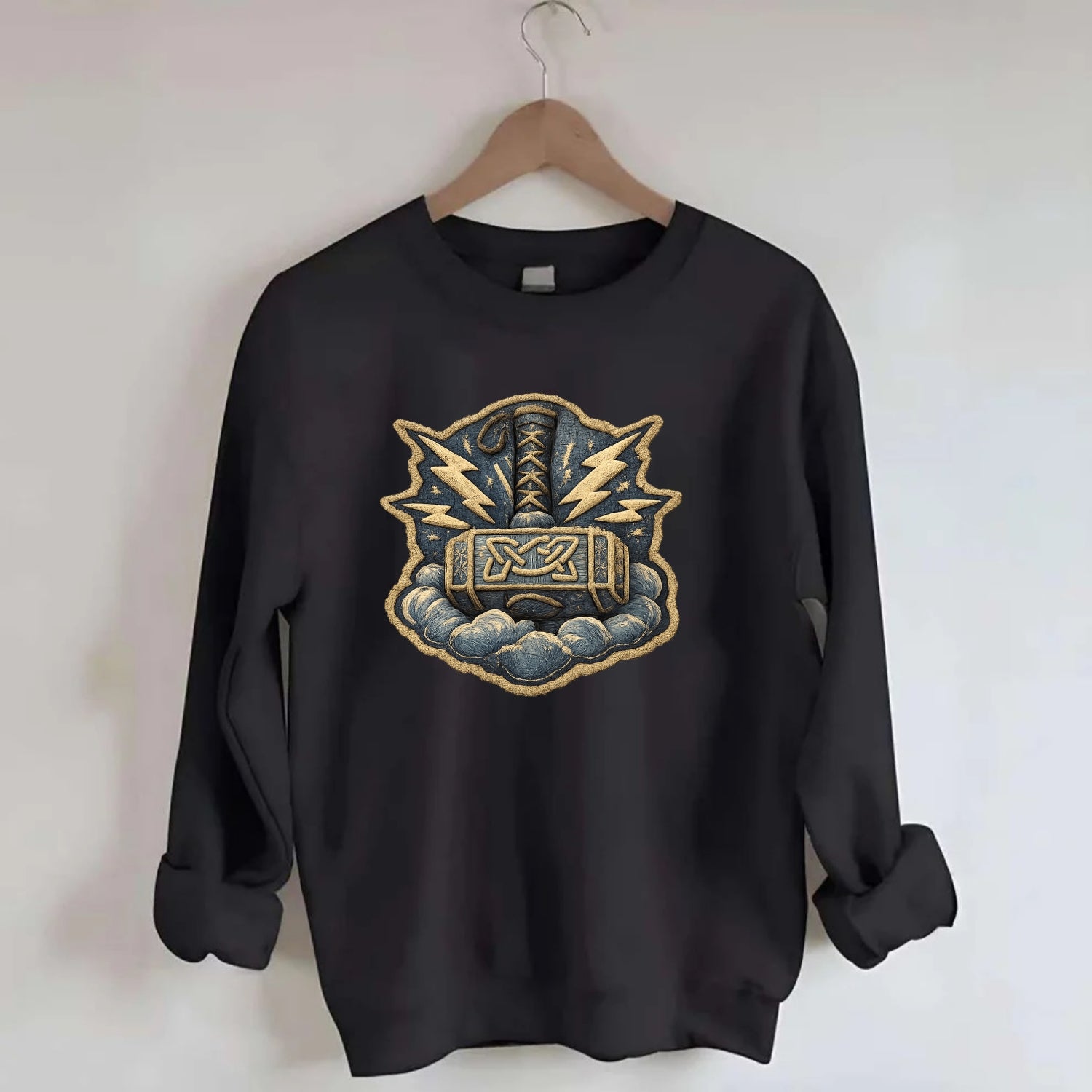 THOR HAMMER MJOLNIR - mighty hammer in silver and blue , thunder god - Crewneck Sweatshirt - black