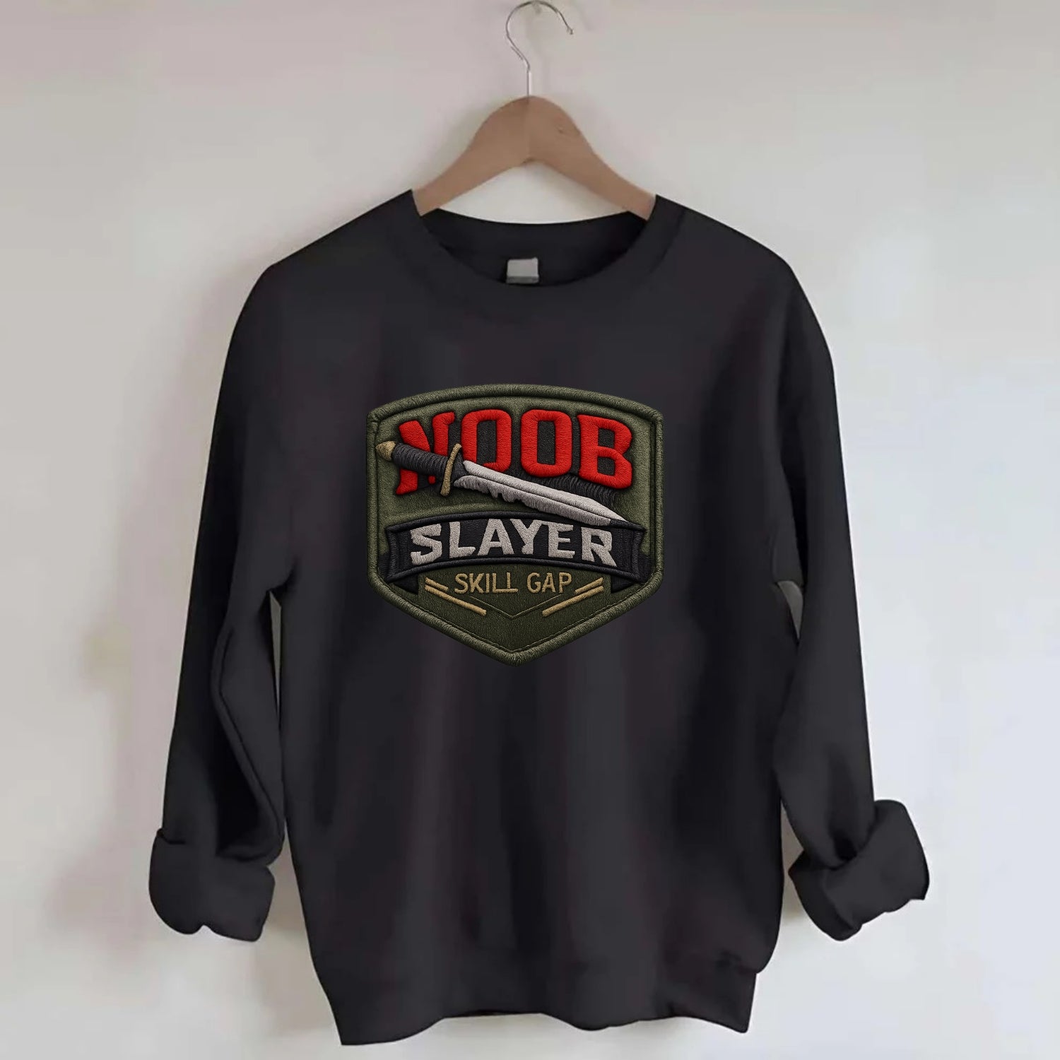 NOOB SLAYER - sword through noob text in red and silver , skill gap - Crewneck Sweatshirt - black