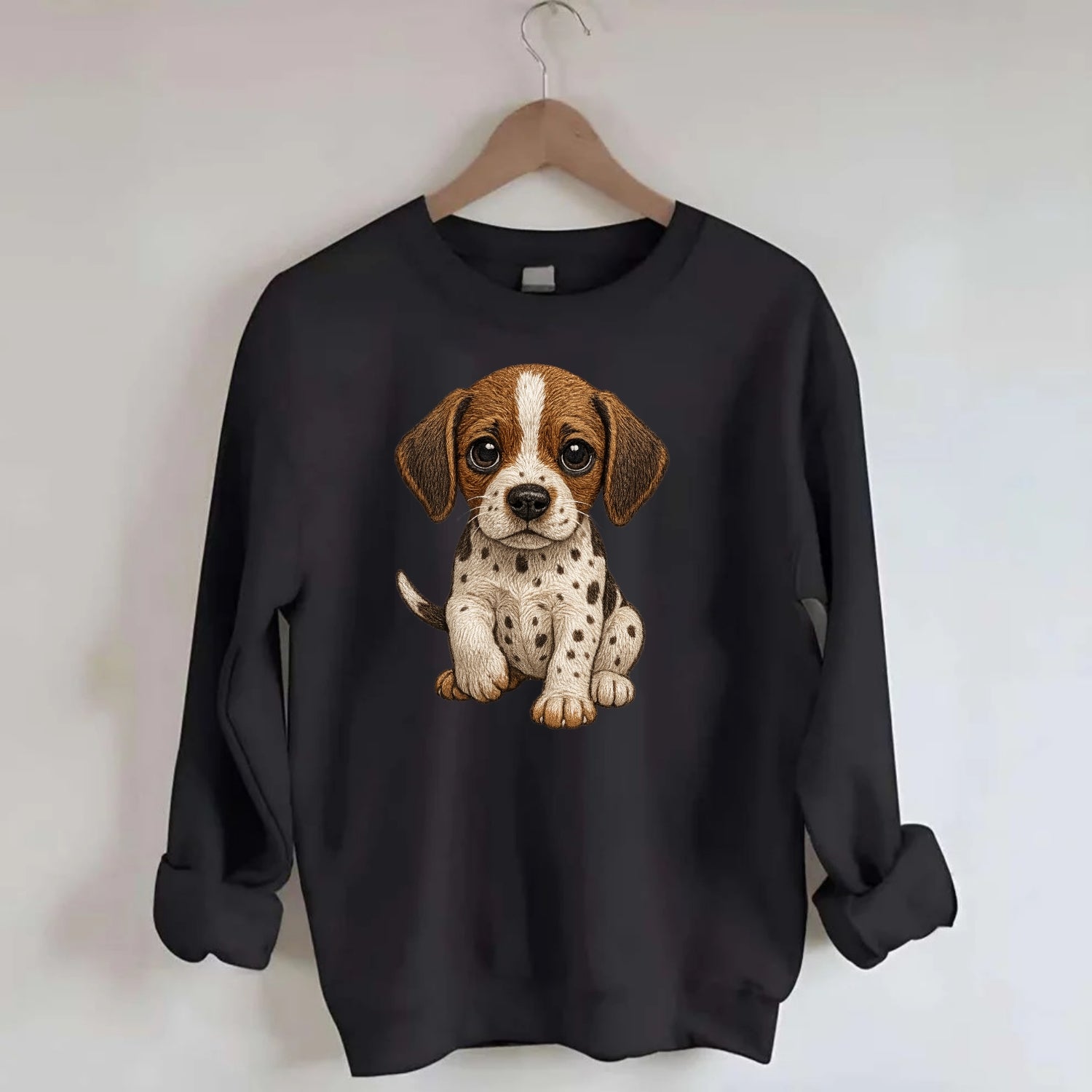 Baby Pointer Puppy - spotted coat, noble stance, alert eyes, front-facing, - Crewneck Sweatshirt - black