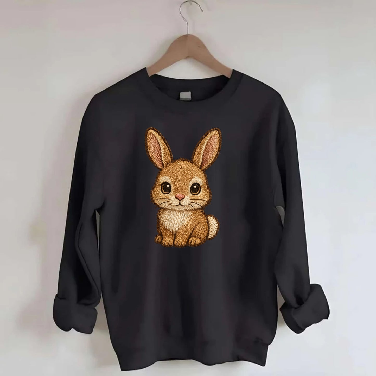 Baby Rabbit - long ears, fluffy white tail, pink nose, large brown eyes, - Crewneck Sweatshirt - black