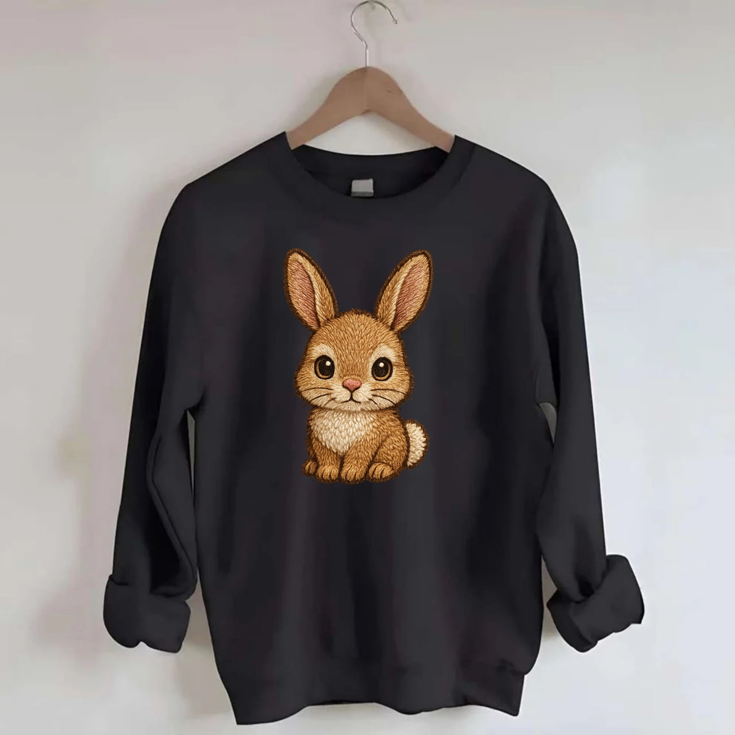 Baby Rabbit - long ears, fluffy white tail, pink nose, large brown eyes, - Crewneck Sweatshirt - black