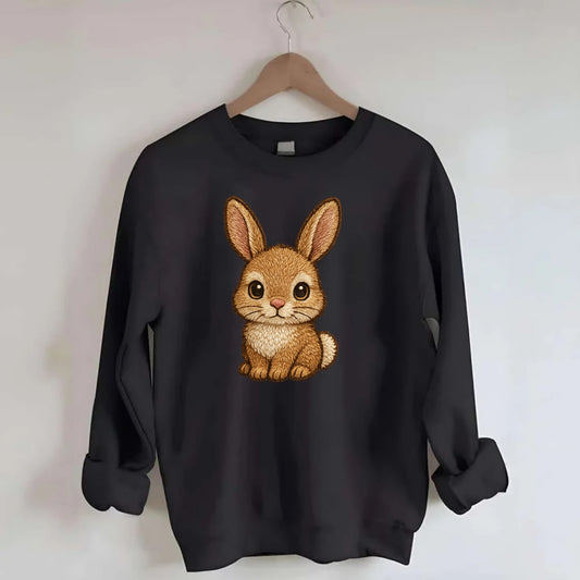 Baby Rabbit - long ears, fluffy white tail, pink nose, large brown eyes, - Crewneck Sweatshirt - black