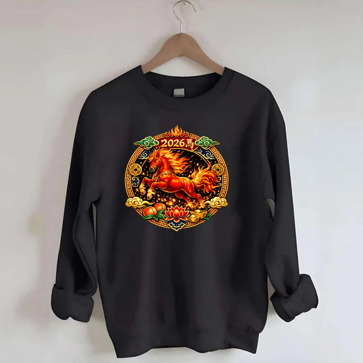 FIRE HORSE | Flaming mane and tail horse | Blazing orange and red colors | - Crewneck Sweatshirt - black