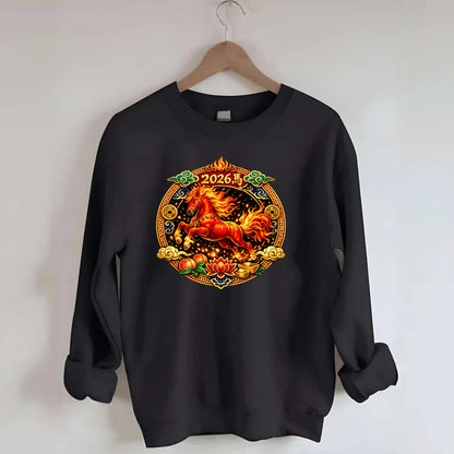 FIRE HORSE | Flaming mane and tail horse | Blazing orange and red colors | - Crewneck Sweatshirt - black